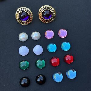 Vintage Greek Key Clip Earrings Interchangeable Cabochon Gold Tone w 9 Colors